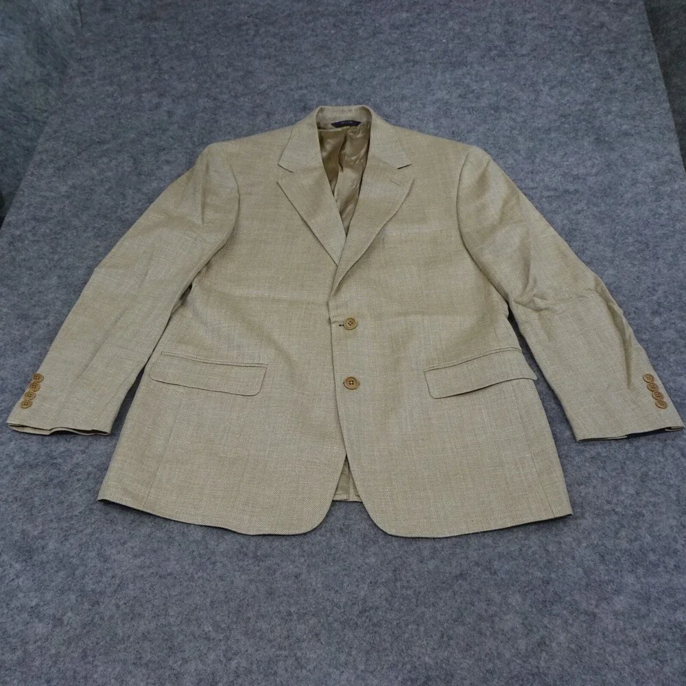 Brooks Brother Suit Jacket Mens 43R Beige Wool Linen Coat Blazer Houndstooth